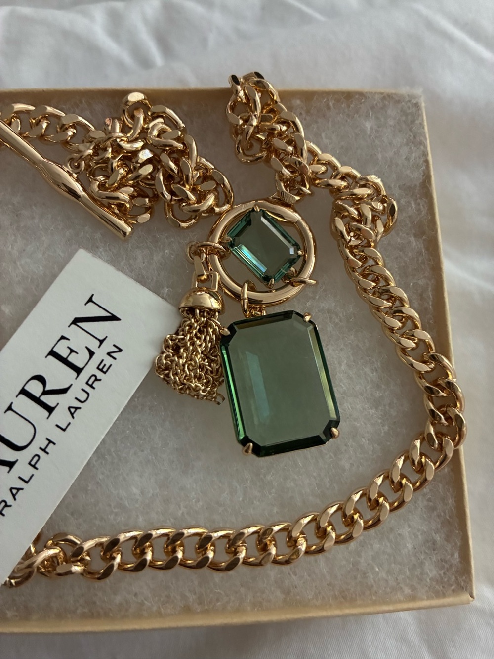 Lauren Ralph Lauren Gold-Tone Necklace with Green Crystal Drops